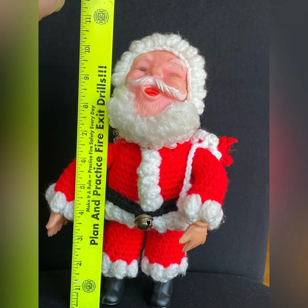 Vintage Crochet Santa Doll Pladtic Face Hands Boots 11” Jingle Bells Toy Sack